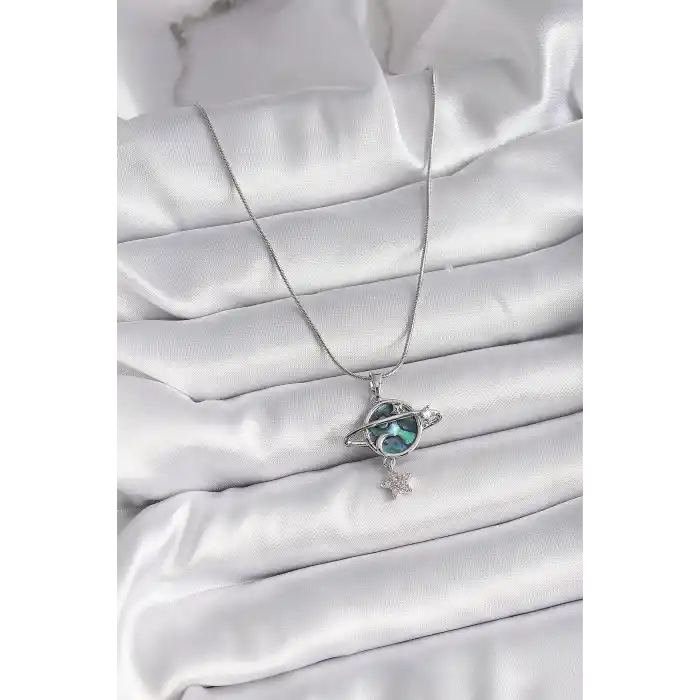 316L Çelik Gümüş Renk Zincir Zirkon Taşlı Gezegen Model Kadın Kolye