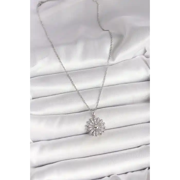 316L Çelik Gümüş Renk Zincir Zirkon Taşlı Güneş Model Kadın Kolye