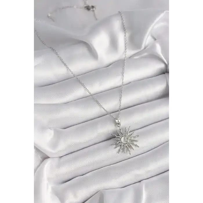 316L Çelik Gümüş Renk Zincir Zirkon Taşlı Güneş Model Sedefli Ay İşleme Detay Kadın Kolye
