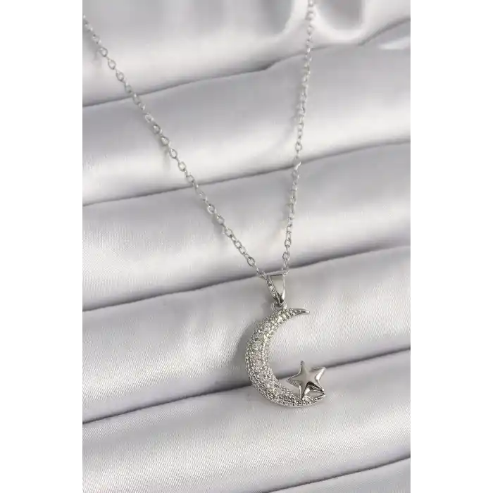 316L Çelik Gümüş Renk Zincir Zirkon Taşlı Hilal Model Yıldız Detay Kadın Kolye