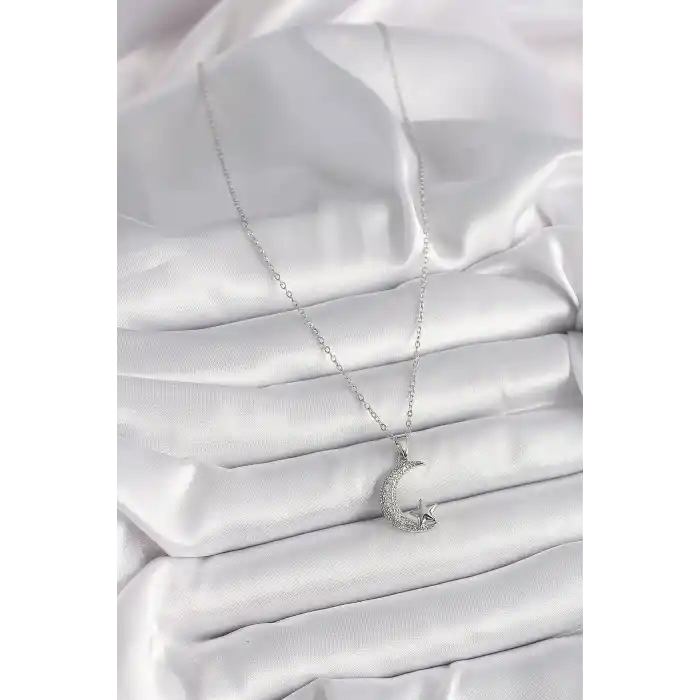 316L Çelik Gümüş Renk Zincir Zirkon Taşlı Hilal Model Yıldız Detay Kadın Kolye