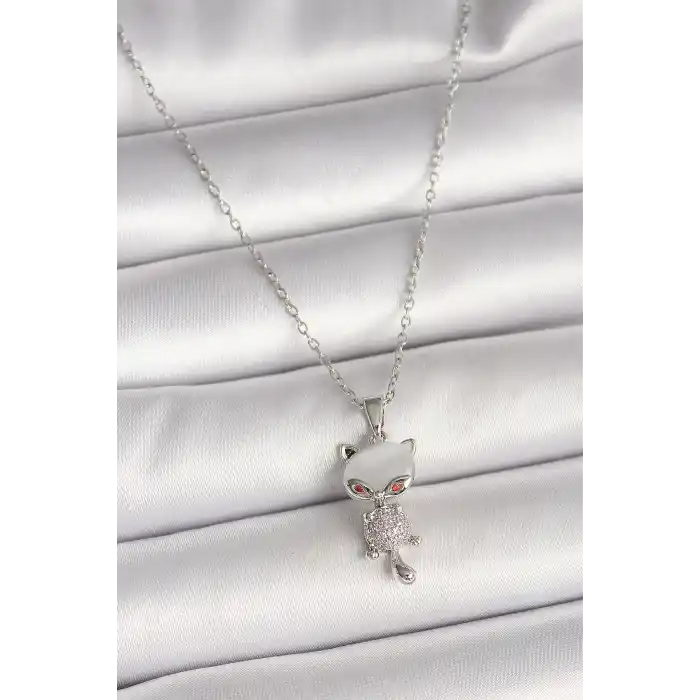316L Çelik Gümüş Renk Zincir Zirkon Taşlı Kedi Model Kadın Kolye