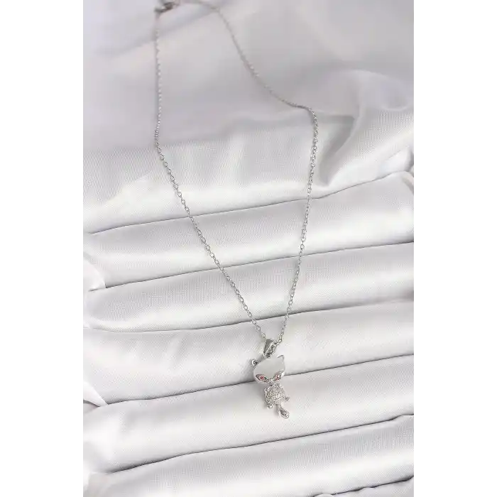 316L Çelik Gümüş Renk Zincir Zirkon Taşlı Kedi Model Kadın Kolye