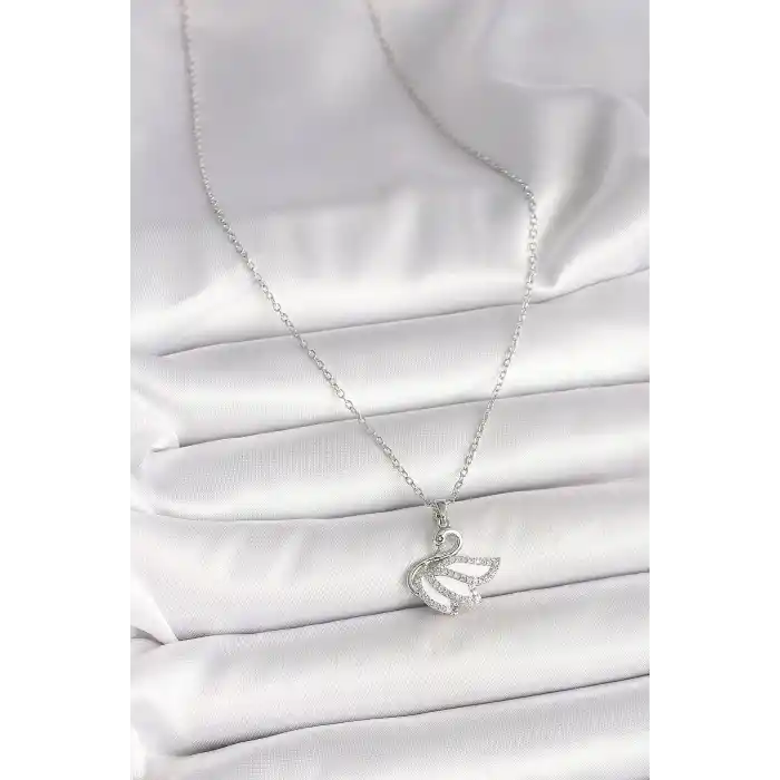 316L Çelik Gümüş Renk Zincir Zirkon Taşlı Kuğu Model Kadın Kolye