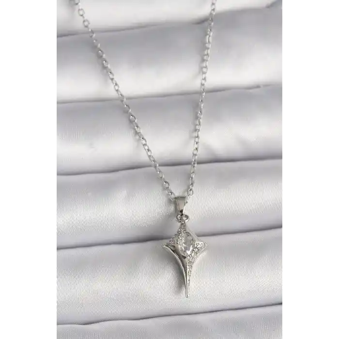 316L Çelik Gümüş Renk Zincir Zirkon Taşlı Kuzey Yıldızı Model Kadın Kolye