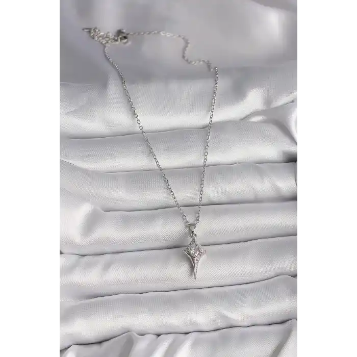 316L Çelik Gümüş Renk Zincir Zirkon Taşlı Kuzey Yıldızı Model Kadın Kolye