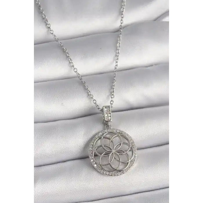 316L Çelik Gümüş Renk Zincir Zirkon Taşlı Lotus Model Kadın Kolye