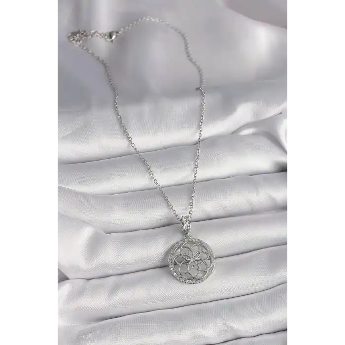 316L Çelik Gümüş Renk Zincir Zirkon Taşlı Lotus Model Kadın Kolye