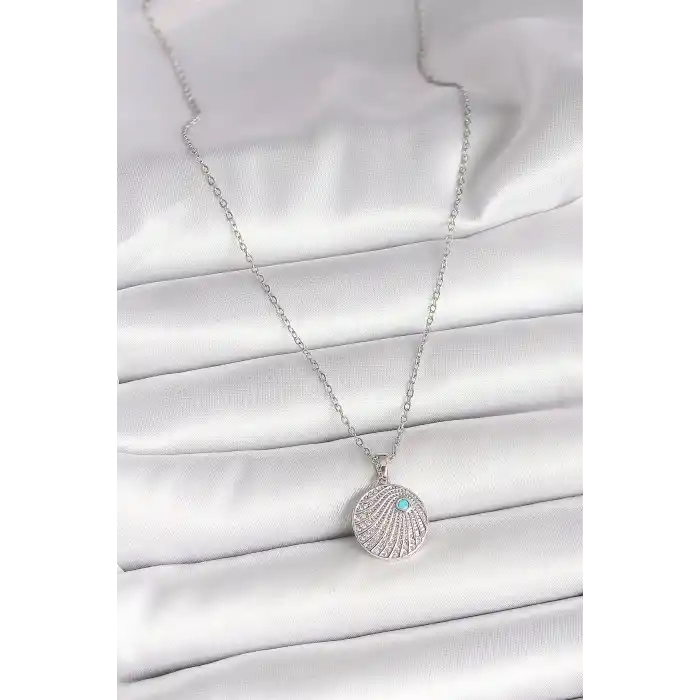316L Çelik Gümüş Renk Zincir Zirkon Taşlı Mavi Taş Detaylı Madalyon Model Kadın Kolye