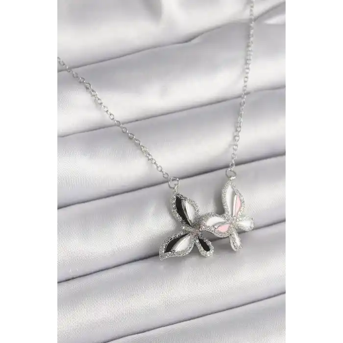 316L Çelik Gümüş Renk Zincir Zirkon Taşlı Renkli Kelebek Model Kadın Kolye