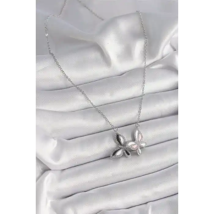 316L Çelik Gümüş Renk Zincir Zirkon Taşlı Renkli Kelebek Model Kadın Kolye
