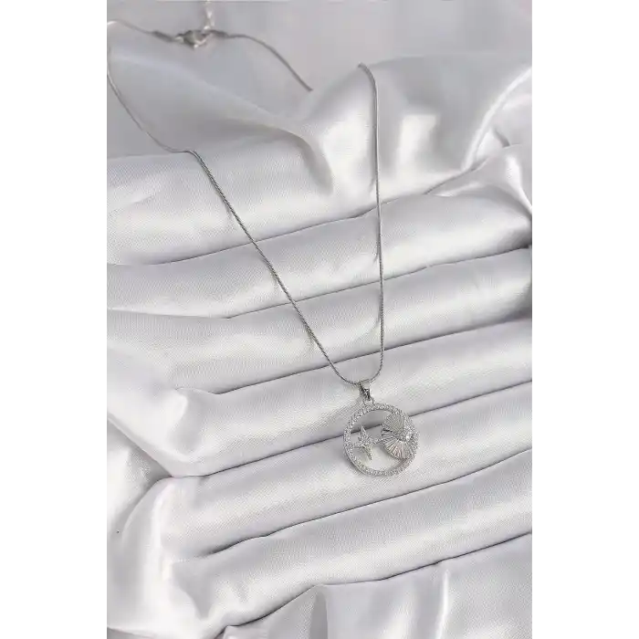 316L Çelik Gümüş Renk Zincir Zirkon Taşlı Yıldız Madalyon Model Kadın Kolye