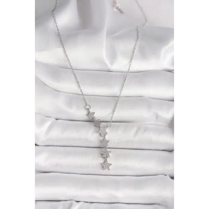 316L Çelik Gümüş Renk Zincir Zirkon Taşlı Yıldız Model Kadın Kolye