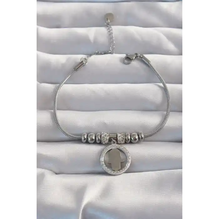 316L Çelik Gümüş Renk Zirkon Taş Aksesuarlı Fatma Ana Eli Bileklik