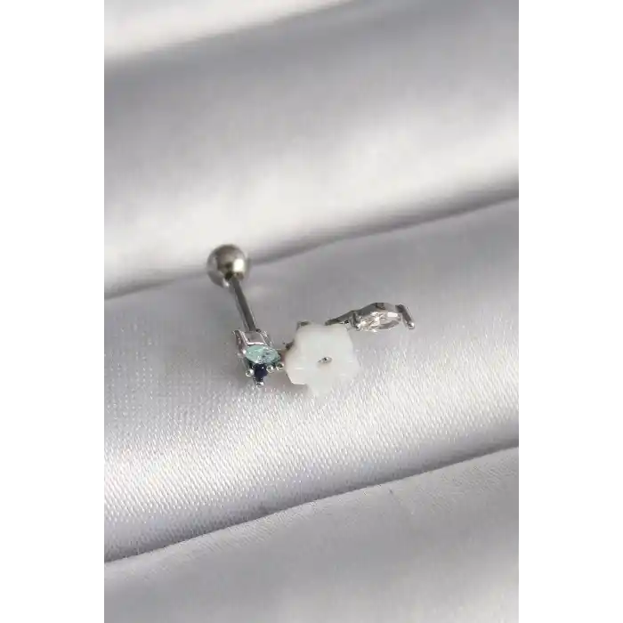 316L Çelik Gümüş Renk Zirkon Taş Detay Beyaz Çiçek Model Tragus Piercing