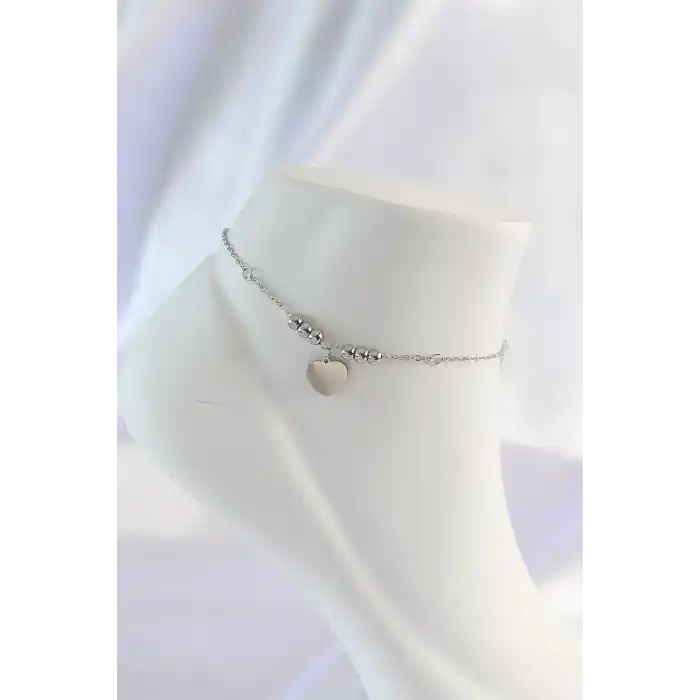 316L Çelik Gümüş Renk Zirkon Taş Detay Kalpli Halhal