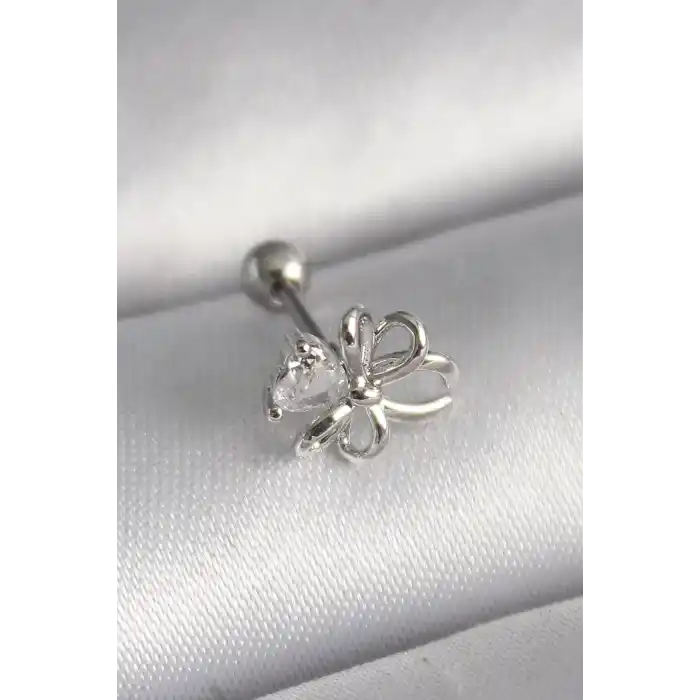316L Çelik Gümüş Renk Zirkon Taş Detay Kurdele Model Tragus Piercing