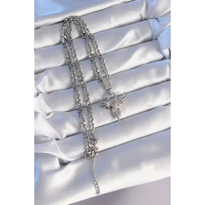 316L Çelik Gümüş Renk Zirkon Taşlı Anka Kuşu Model Kolye