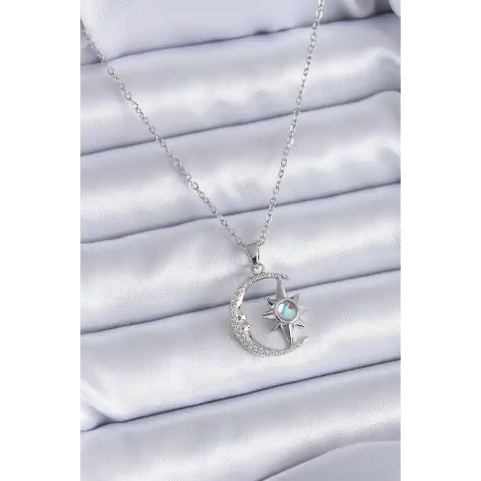 316L Çelik Gümüş Renk Zirkon Taşlı Ay Yıldız Model Kadın Kolye