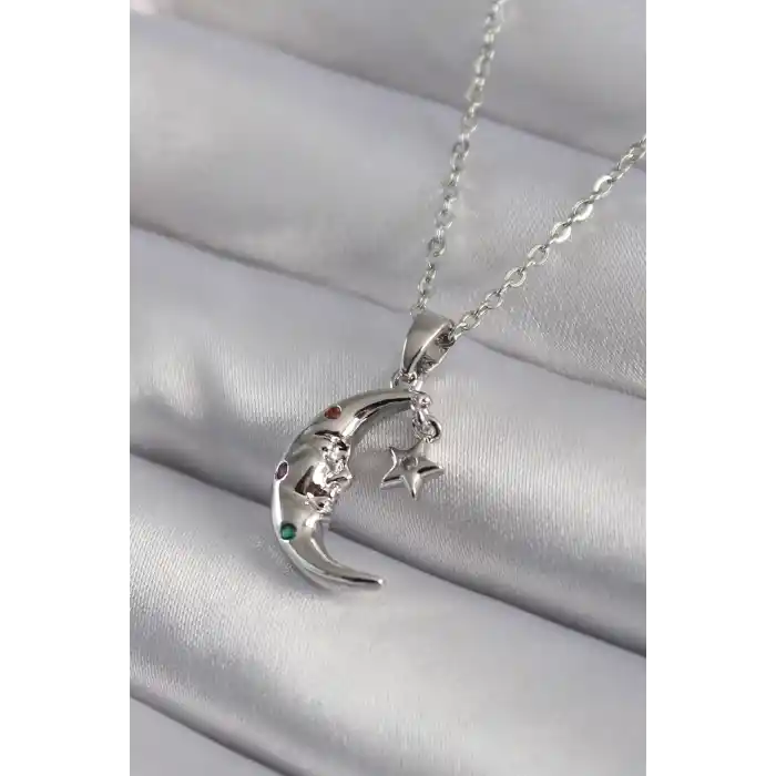 316L Çelik Gümüş Renk Zirkon Taşlı Ay Yıldız Model Kadın Kolye