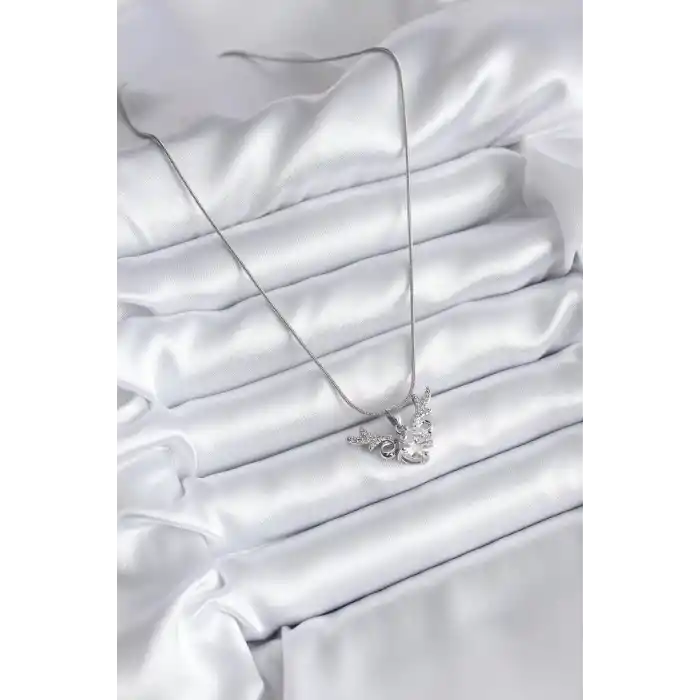 316L Çelik Gümüş Renk Zirkon Taşlı Boynuz Model Kadın Kolye