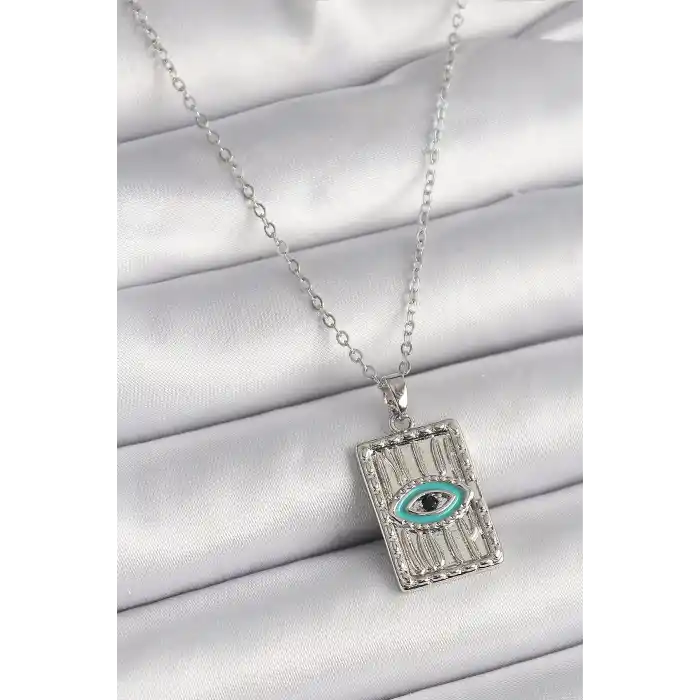 316L Çelik Gümüş Renk Zirkon Taşlı Göz İşleme Detaylı Plaka Model Kadın Kolye