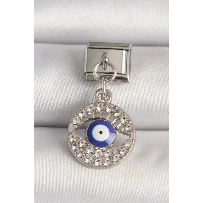 316L Çelik Gümüş Renk Zirkon Taşlı Göz Model Nazar Boncuk Detay Nomination Charm