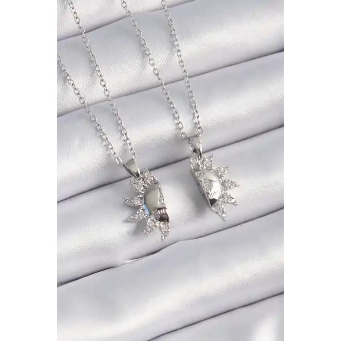 316L Çelik Gümüş Renk Zirkon Taşlı Güneş Model İşleme Yazı Detay Arkadaşlık Kolyesi