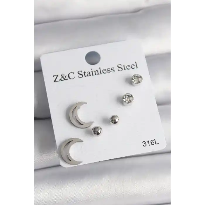 316L Çelik Gümüş Renk Zirkon Taşlı Hilal Model Kadın Küpe Seti