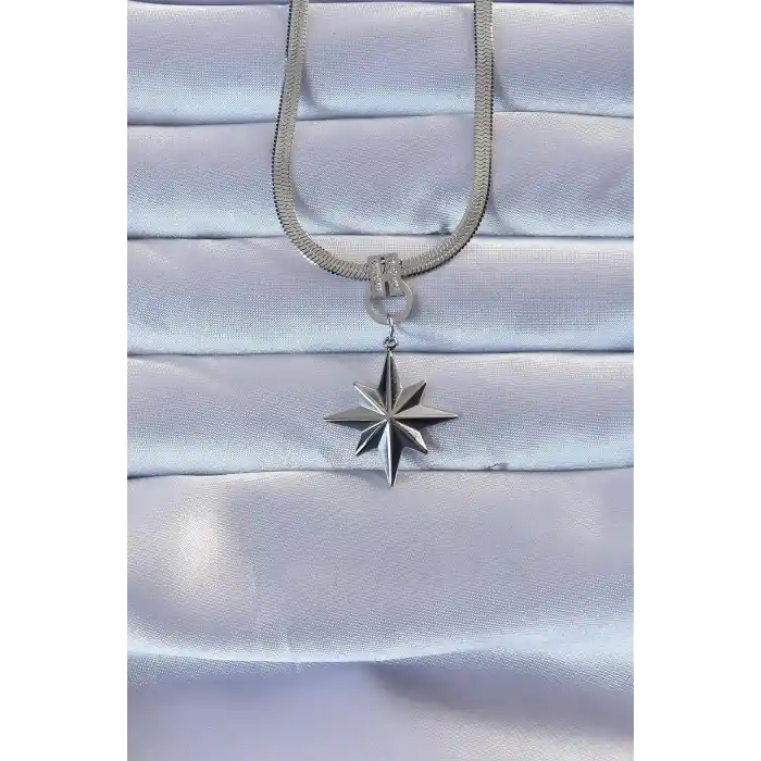 316L Çelik Gümüş Renk Zirkon Taşlı İtalyan Zincirli Kutup Yıldızı Kolye