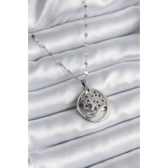 316L Çelik Gümüş Renk Zirkon Taşlı Jaguar Model Kadın Kolye
