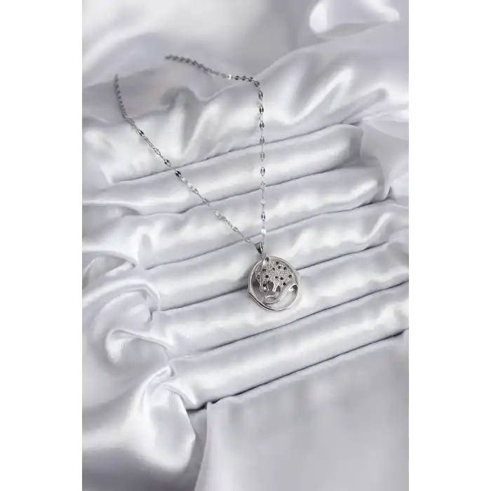 316L Çelik Gümüş Renk Zirkon Taşlı Jaguar Model Kadın Kolye