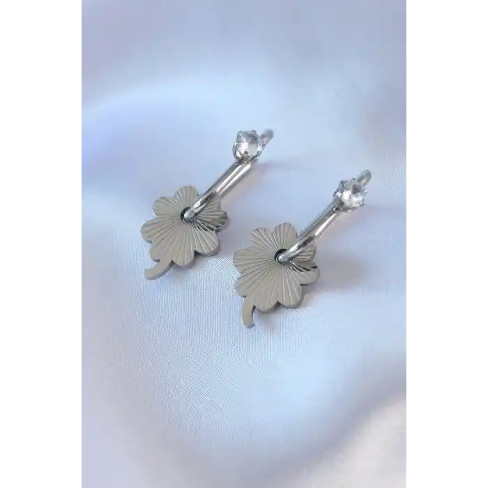 316L Çelik Gümüş Renk Zirkon Taşlı Kadın Göçmen Küpesi