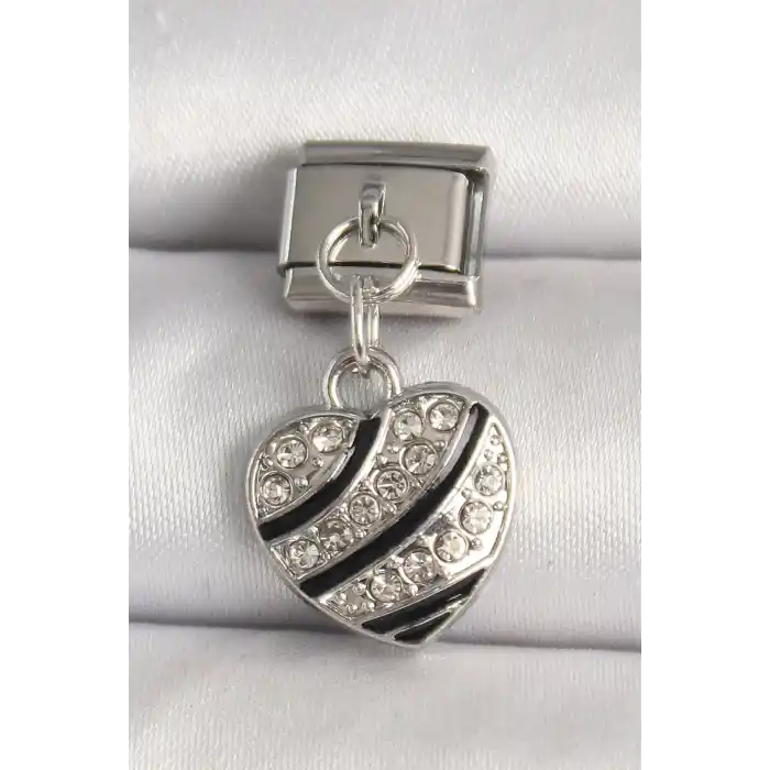 316L Çelik Gümüş Renk Zirkon Taşlı Kalp Model Nomination Charm