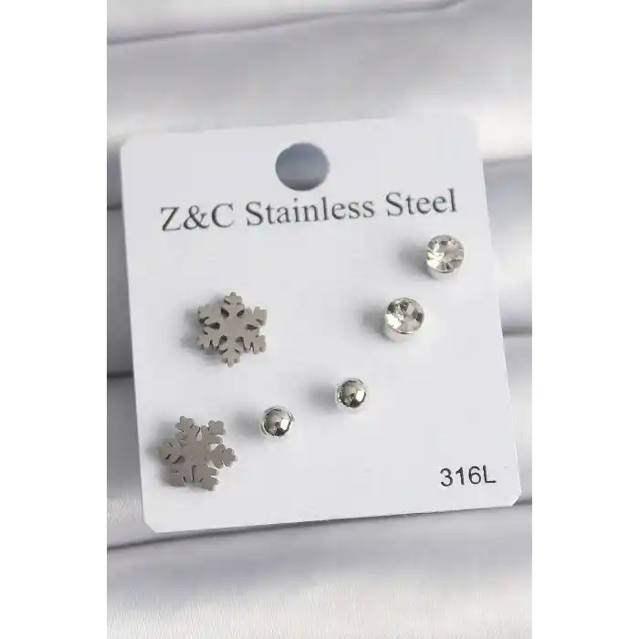 316L Çelik Gümüş Renk Zirkon Taşlı Kar Tanesi Model Kadın Küpe Seti