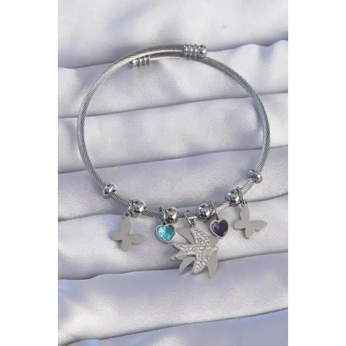 316L Çelik Gümüş Renk Zirkon Taşlı Kuş Tasarımlı Kelebek Detay Charm Bileklik