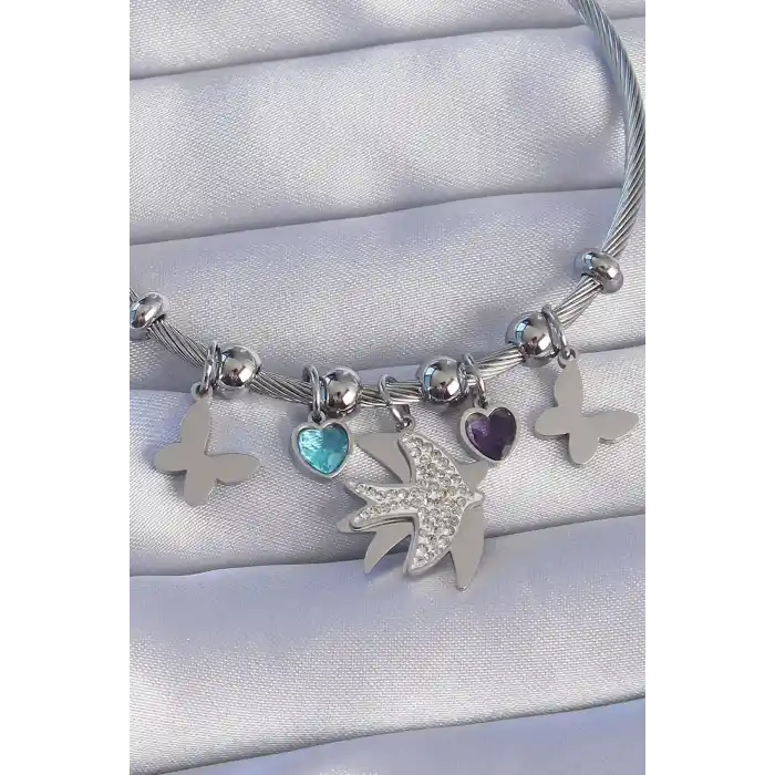 316L Çelik Gümüş Renk Zirkon Taşlı Kuş Tasarımlı Kelebek Detay Charm Bileklik