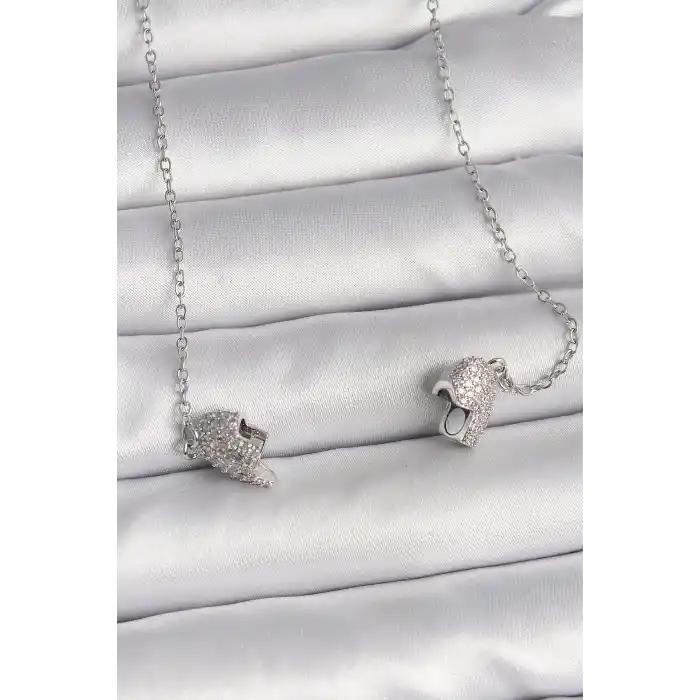 316L Çelik Gümüş Renk Zirkon Taşlı Mıknatıslı Kalp Model Kadın Kolye