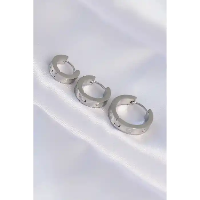316L Çelik Gümüş Renk Zirkon Taşlı Model 3lü Halka Küpe