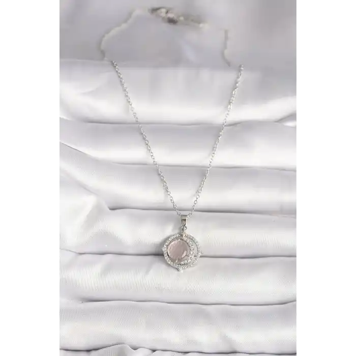 316L Çelik Gümüş Renk Zirkon Taşlı Pembe Sedefli Hilal Model Kadın Kolye