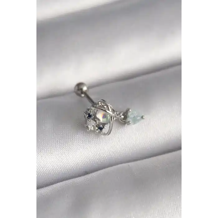 316L Çelik Gümüş Renk Zirkon Taşlı Sallantı Kalp Detay Tragus Piercing