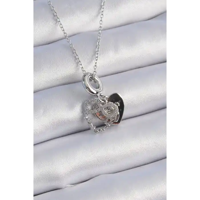 316L Çelik Gümüş Renk Zirkon Taşlı Sonsuzluk Kalp Figür Charm Model Kadın Kolye