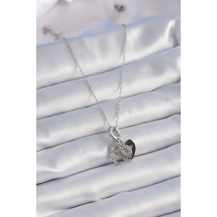 316L Çelik Gümüş Renk Zirkon Taşlı Sonsuzluk Kalp Figür Charm Model Kadın Kolye