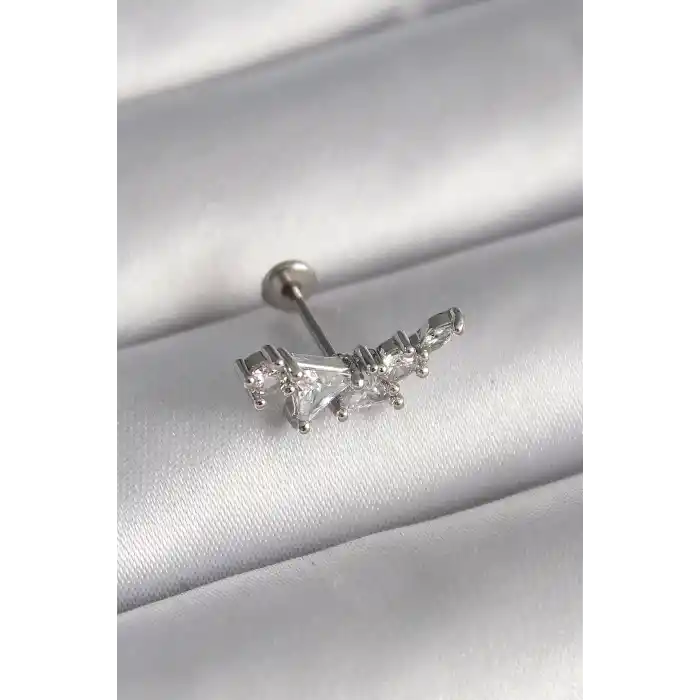 316L Çelik Gümüş Renk Zirkon Taşlı Tragus Piercing