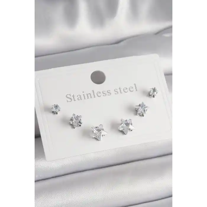 316L Çelik Gümüş Renk Zirkon Taşlı Yıldız Model Kadın Küpe Seti