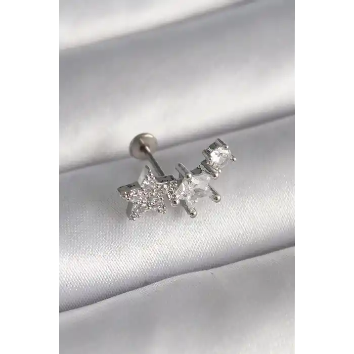 316L Çelik Gümüş Renk Zirkon Taşlı Yıldız Model Tragus Piercing