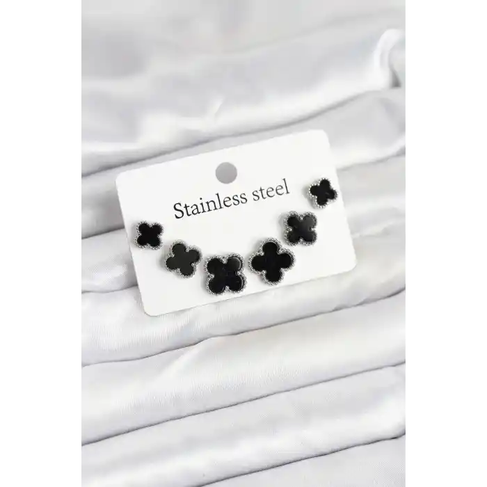 316L Çelik Gümüş Siyah Renk 3 Boy Yonca Küpe Seti