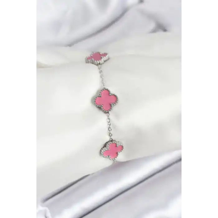 316L Çelik Gümüş Zincir Pembe Renk Yonca Bileklik
