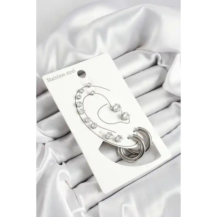 316L Çelik Halka Figürlü Ve Zirkon Taşlı Gümüş Renk 7li Çift Kadın Küpe Set