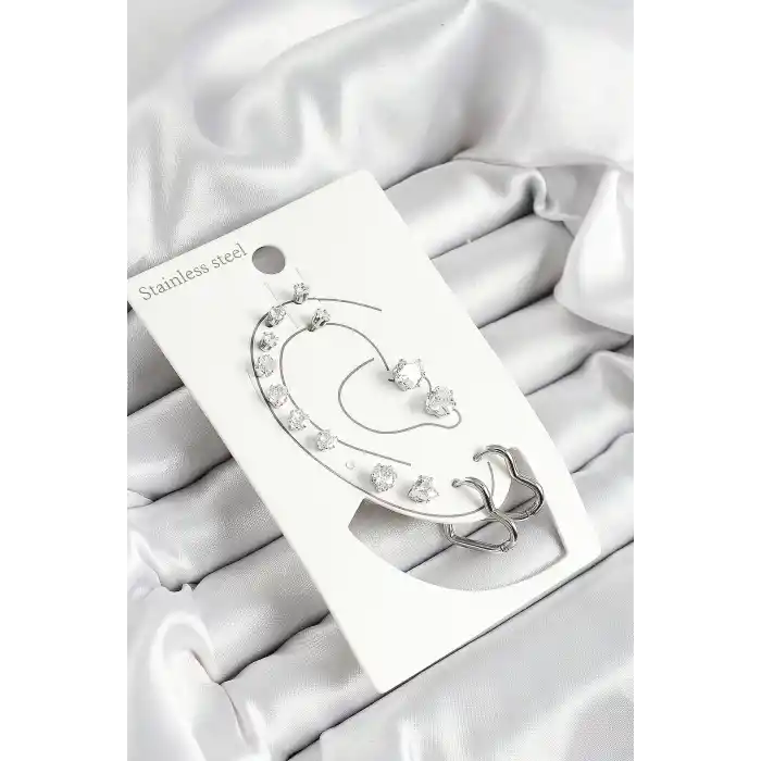 316L Çelik Kalp Figürlü Ve Zirkon Taşlı Gümüş Renk 7li Çift Kadın Küpe Set